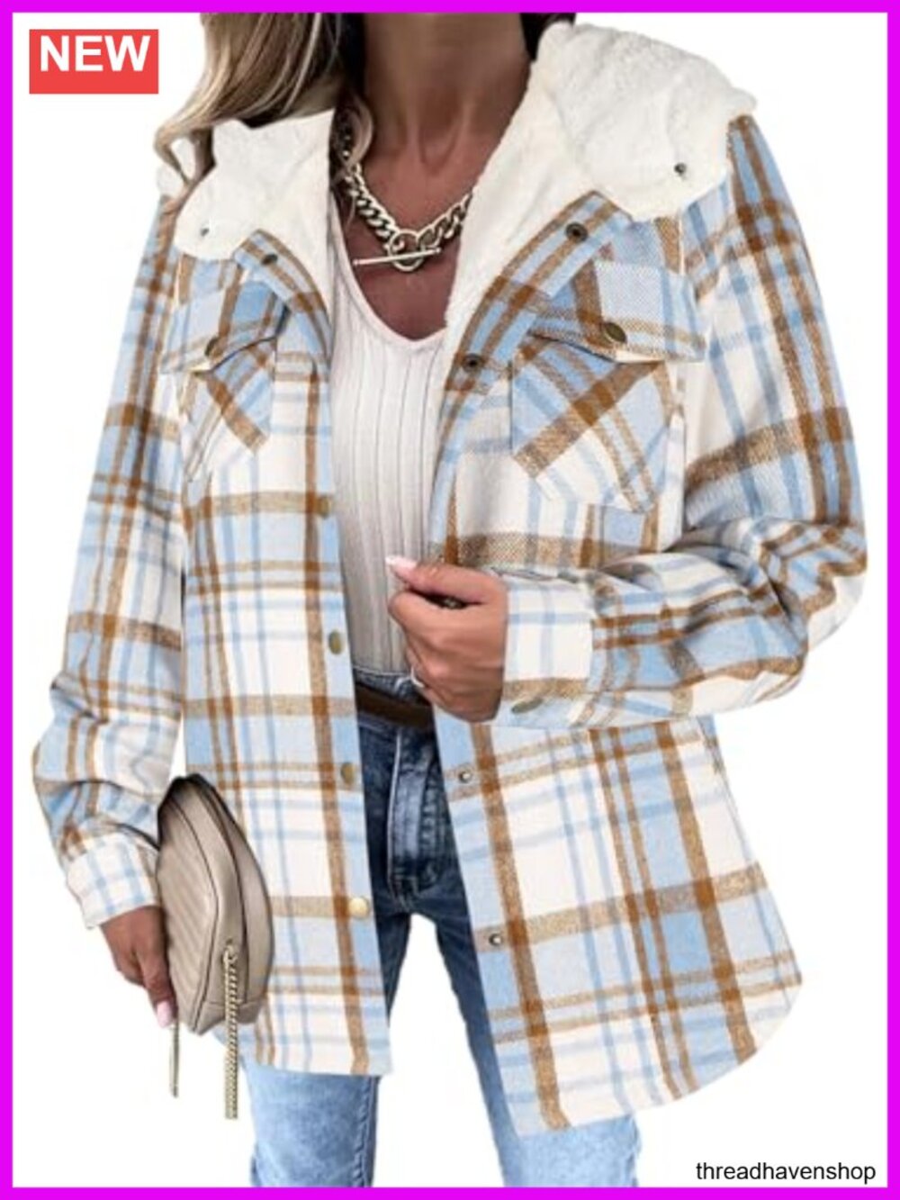 Plaid Sherpa Lined Hooded Shacket Jacket Fall Winter Warm Coat